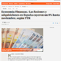 Economa/Finanzas.- Las fusiones y adquisiciones en Espaa cayeron un 8% hasta noviembre, segn TTR